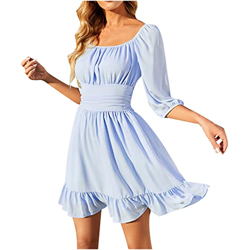 Sommerkleid Damen Swing Kleid Sommer Off Shoulder Slash Neck Skaterkleid Einfarbiges A-Linien-Kleid Trägerloses, kurzärmliges, knielanges Patchwork-Kleid Strandkleid Party Kleid von Masrin