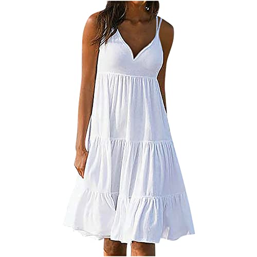 Sommerkleid für Damen Sommer einfarbiges ärmelloses Strandkleid für den Urlaub Gerüschtes Patchwork-Turmkleid Lockeres Trägerkleid A-Linien von Masrin