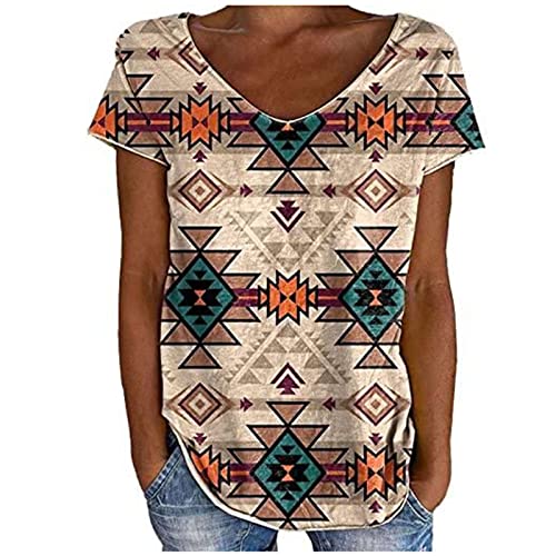 Strandtunika Damen Vintage Western Ethno-Stil T-Shirt Farbblock Print Oberteile Kurzärmliger Pullover mit V-Ausschnitt Feder Muster Tops Strandmode für den Urlaub Lockere Blusentops Streetwear von Masrin
