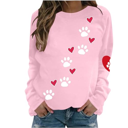 Sweatshirt Damen Niedlich Hundepfoten Muster Oberteile Leichtes Herbst Winter Pullover Liebes Herz Muster Langarmshirt Locker Pulli Tops Basic Shirt Rundhals Langarm Bluse Bequem Tunika von Masrin