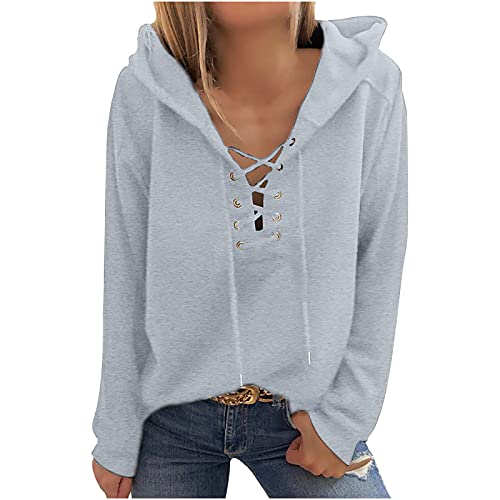 Sweatshirt mit Kapuze für Damen Modischer Einfarbiger Hoodie V-Ausschnitt Kapuzenpullover mit Bandage Sommer Herbst Langarmshirt Loose Fit Pulli Shirt Langarm Pullover Oberteile Herbstkleidung von Masrin