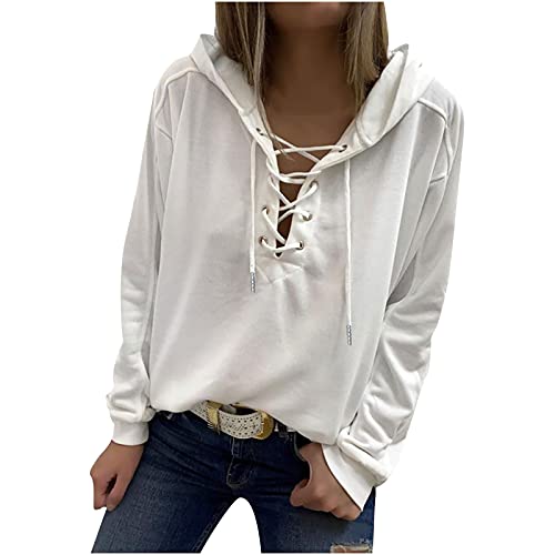 Sweatshirt mit Kapuze für Damen Modischer Einfarbiger Hoodie V-Ausschnitt Kapuzenpullover mit Bandage Sommer Herbst Langarmshirt Loose Fit Pulli Shirt Langarm Pullover Oberteile Herbstkleidung von Masrin