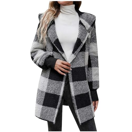 Teddyfleece Jacke Damen Kuschelig Weicher Plüschmantel Modischer karierter Mantel Herbst Winter Hoodie Bluse Knopfloser Cardigan Hemdjacke mit Knöpfen Wintermantel Winterjacke Strickjacke von Masrin