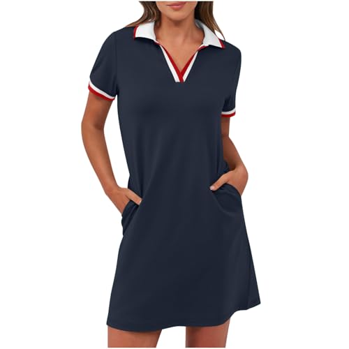 Tenniskleid Damen Elastisches Golfkleid Hemdkragen Kurze Ärmel Sommerkleid V-Ausschnitt Blusenkleid mit Taschen Gerade Pulloverkleid Normale Passform T-Shirt Kleider Freizeitkleid Arbeitskleid von Masrin