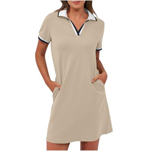 Tenniskleid Damen Elastisches Golfkleid Hemdkragen Kurze Ärmel Sommerkleid V-Ausschnitt Blusenkleid mit Taschen Gerade Pulloverkleid Normale Passform T-Shirt Kleider Freizeitkleid Arbeitskleid von Masrin