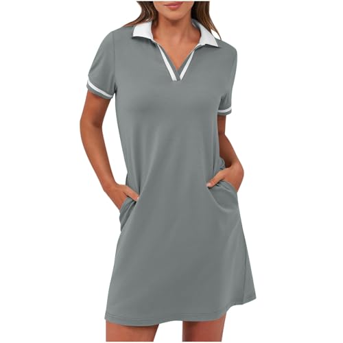 Tenniskleid Damen Elastisches Golfkleid Hemdkragen Kurze Ärmel Sommerkleid V-Ausschnitt Blusenkleid mit Taschen Gerade Pulloverkleid Normale Passform T-Shirt Kleider Freizeitkleid Arbeitskleid von Masrin