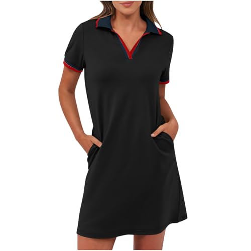 Tenniskleid Damen Elastisches Golfkleid Hemdkragen Kurze Ärmel Sommerkleid V-Ausschnitt Blusenkleid mit Taschen Gerade Pulloverkleid Normale Passform T-Shirt Kleider Freizeitkleid Arbeitskleid von Masrin