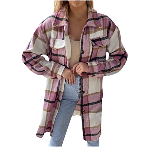 Masrin Trenchcoat Damen lang Klassischer karierter Wollmantel Revers Langarm Wolljacke Cardigan Tops mit offener Vorderseite Knielanger Windbreaker Übergangsjacke Frühlingsjacke Windjacke Hemdjacke von Masrin
