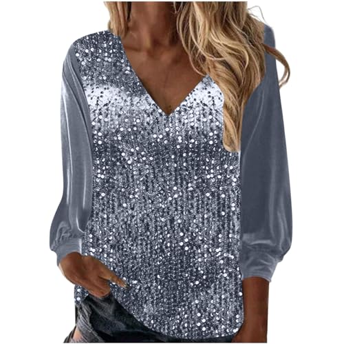 Trendige Pailletten Oberteile für Damen Oversize Lockerer Pullover Sexy V-Ausschnitt T-Shirt Einfarbiges Pulli-Shirt mit kurzen Ärmeln Lose Tunika Bluse Longshirt Lang Pullover Übergröße Longtops von Masrin