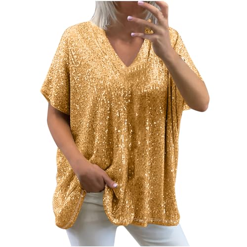 Trendige Pailletten Oberteile für Damen Oversize Lockerer Pullover Sexy V-Ausschnitt T-Shirt Einfarbiges Pulli-Shirt mit kurzen Ärmeln Lose Tunika Bluse Longshirt Lang Pullover Übergröße Longtops von Masrin