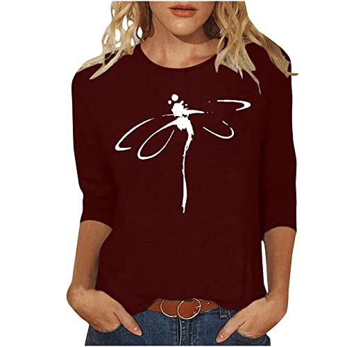 Tshirt Damen 3/4-Ärmeln T-Shirt Oberteile Lässiger Libelle Muster Pullover O-Ausschnitt Dreiviertel Ärmeln Pulli Tops Sommer Herbst Basic Shirt Lockere All-Match Tunika Bluse Blusenshirt von Masrin