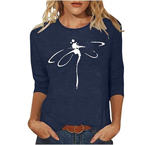 Tshirt Damen 3/4-Ärmeln T-Shirt Oberteile Lässiger Libelle Muster Pullover O-Ausschnitt Dreiviertel Ärmeln Pulli Tops Sommer Herbst Basic Shirt Lockere All-Match Tunika Bluse Blusenshirt von Masrin