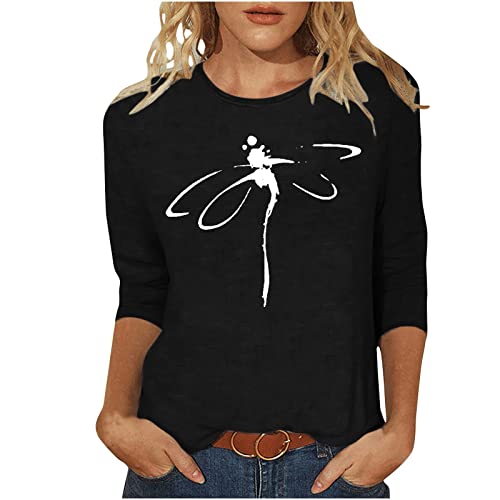 Tshirt Damen 3/4-Ärmeln T-Shirt Oberteile Lässiger Libelle Muster Pullover O-Ausschnitt Dreiviertel Ärmeln Pulli Tops Sommer Herbst Basic Shirt Lockere All-Match Tunika Bluse Blusenshirt von Masrin