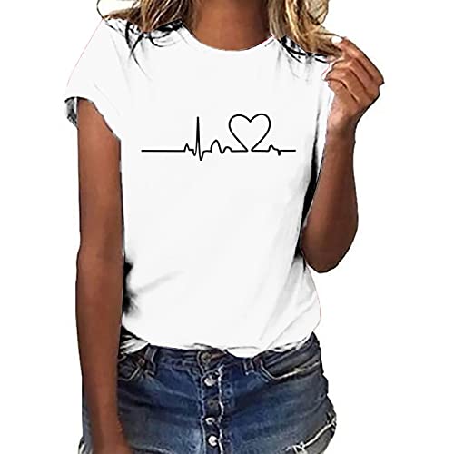 Tshirt Damen Lässige Elektrokardiogramm Druck Oberteile Herzschlagkurve Pullover T-Shirt Einfarbiges Basic Shirt Rundhals Kurzarm Sommer Tops Lockere All-Match Tunika Bluse Laufshirt Sportshirt von Masrin