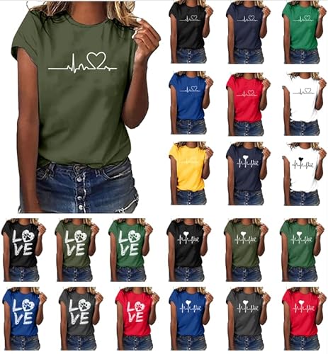 Tshirt Damen Lässige Elektrokardiogramm Druck Oberteile Herzschlagkurve Pullover T-Shirt Einfarbiges Basic Shirt Rundhals Kurzarm Sommer Tops Lockere All-Match Tunika Bluse Laufshirt Sportshirt von Masrin