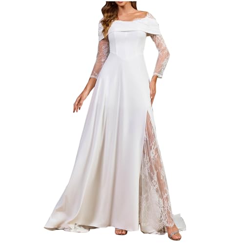 Weißes Abendkleid für Damen Einfarbig Hochzeitskleid Spitzenärmel Slash Neck Cocktailkleid A-Linie Brautkleid Schlank Konfirmationskleid Abiballkleid Bodenlang Abschlusskleid für Fotografie von Masrin