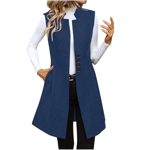 Weste Damen Lange Eleganter Einfarbiger Wollmantel Ärmelloser Anzugmantel Einreihig Longblazer Schmal Damenweste Mit Taschen Longweste Modisches Übergangsmantel Herbst Wintermantel Trachtmantel von Masrin