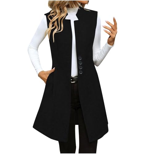 Weste Damen Lange Eleganter Einfarbiger Wollmantel Ärmelloser Anzugmantel Einreihig Longblazer Schmal Damenweste Mit Taschen Longweste Modisches Übergangsmantel Herbst Wintermantel Trachtmantel von Masrin