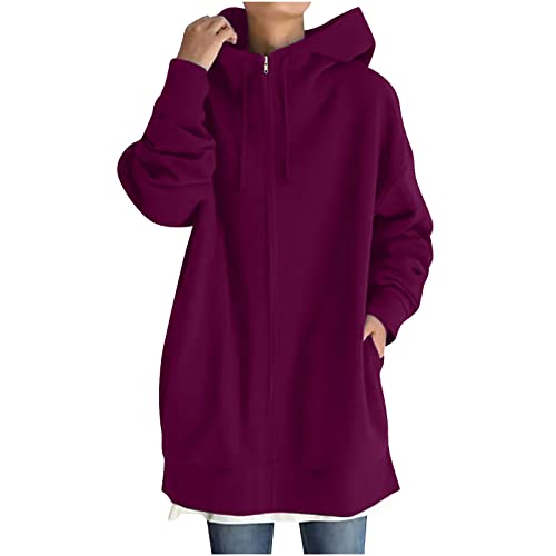 Winterjacke mit Kapuze Damen Lang Einfarbige Sweatjacke mit Taschen Wintermantel in Übergröße Übergangsjacke mit Reißverschluss Warm Kapuzenjacke Plüsch Outdoorjacke Trenchcoat S-5XL von Masrin
