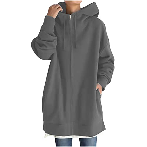 Winterjacke mit Kapuze Damen Lang Einfarbige Sweatjacke mit Taschen Wintermantel in Übergröße Übergangsjacke mit Reißverschluss Warm Kapuzenjacke Plüsch Outdoorjacke Trenchcoat S-5XL von Masrin