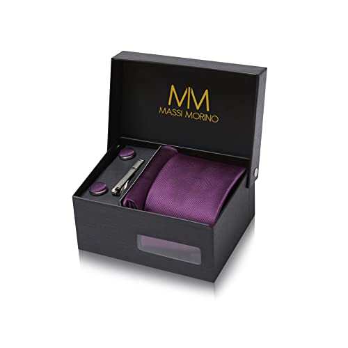 Massi Morino Krawatte Lila mit Einstecktuch Set Herren inkl. Manschettenknöpfe, Krawattennadel und Geschenkbox - Männer Krawattenset von Massi Morino