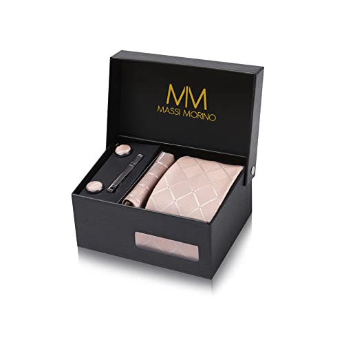 Massi Morino Krawatte Champagner Quadrat mit Einstecktuch Set Herren inkl. Manschettenknöpfe, Krawattennadel und Geschenkbox - Männer Krawattenset von Massi Morino