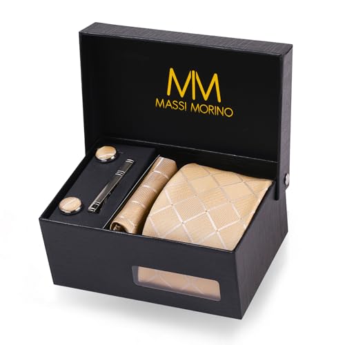 Massi Morino Krawatte Champagner Quadrat mit Einstecktuch Set Herren inkl. Manschettenknöpfe, Krawattennadel und Geschenkbox - Männer Krawattenset von Massi Morino