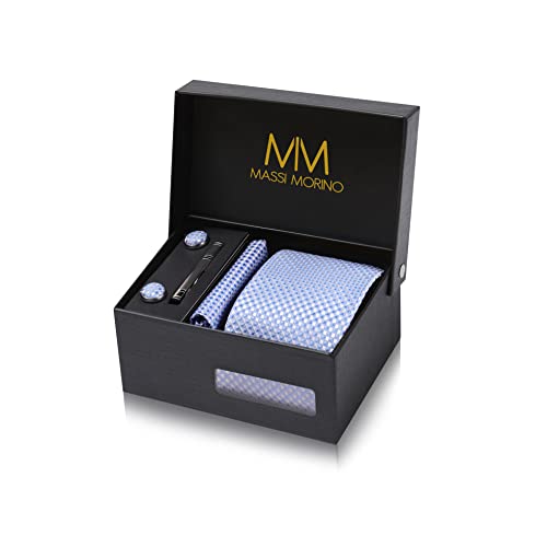 Massi Morino Krawatte Hellblau mit Einstecktuch Set Herren inkl. Manschettenknöpfe, Krawattennadel und Geschenkbox - Männer Krawattenset von Massi Morino