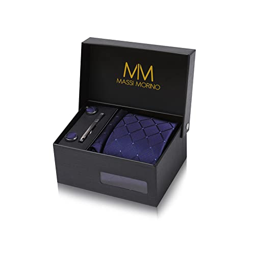 Massi Morino Krawatte Dunkelblau Quadrat mit Einstecktuch Set Herren inkl. Manschettenknöpfe, Krawattennadel und Geschenkbox I Männer Krawatten-Set zur Hochzeit von Massi Morino