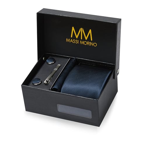 Massi Morino Krawatte Dunkelblau mit Einstecktuch Set Herren inkl. Manschettenknöpfe, Krawattennadel und Geschenkbox - Männer Krawattenset von Massi Morino