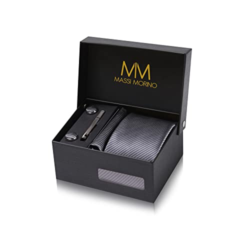 Massi Morino Krawatte Grau Gestreift mit Einstecktuch Set Herren inkl. Manschettenknöpfe, Krawattennadel und Geschenkbox - Männer Krawattenset von Massi Morino