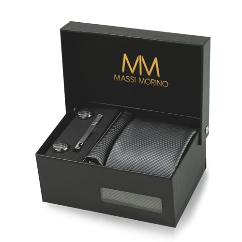 Massi Morino Krawatte Grau Gestreift mit Einstecktuch Set Herren inkl. Manschettenknöpfe, Krawattennadel und Geschenkbox - Männer Krawattenset von Massi Morino