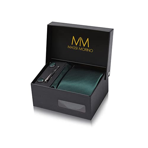 Massi Morino Krawatte Dunkelgrün mit Einstecktuch Set Herren inkl. Manschettenknöpfe, Krawattennadel und Geschenkbox - Männer Krawattenset von Massi Morino