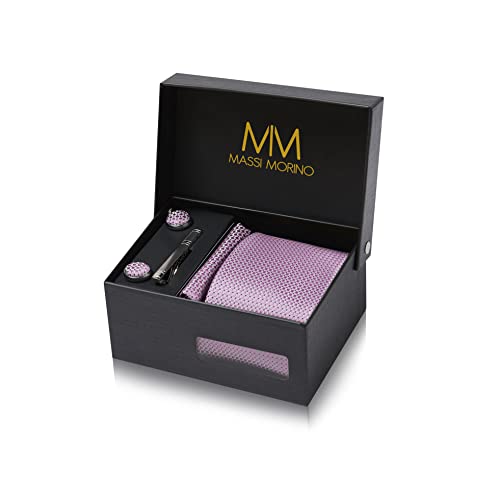 Massi Morino Krawatte Lila Kariert mit Einstecktuch Set Herren inkl. Manschettenknöpfe, Krawattennadel und Geschenkbox - Männer Krawattenset von Massi Morino