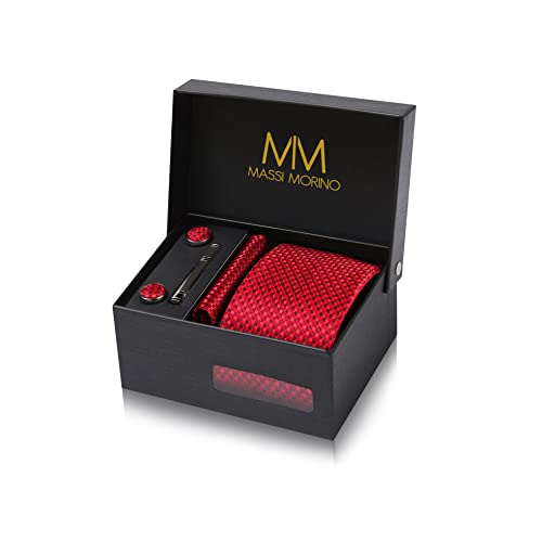 Massi Morino Krawatte Rot Kariert mit Einstecktuch Set Herren inkl. Manschettenknöpfe, Krawattennadel und Geschenkbox - Männer Krawattenset von Massi Morino