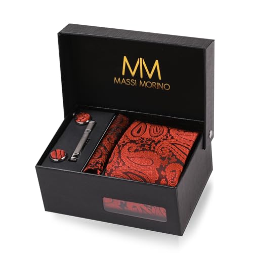 Massi Morino Krawatte Paisley Rot mit Einstecktuch Set Herren inkl. Manschettenknöpfe, Krawattennadel und Geschenkbox - Männer Krawattenset von Massi Morino