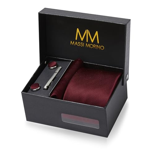 Massi Morino Krawatte Weinrot mit Einstecktuch Set Herren inkl. Manschettenknöpfe, Krawattennadel und Geschenkbox - Männer Krawattenset von Massi Morino