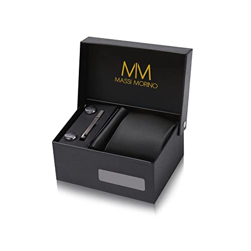 Massi Morino Krawatte Schwarz mit Einstecktuch Set Herren inkl. Manschettenknöpfe, Krawattennadel und Geschenkbox - Männer Krawattenset von Massi Morino