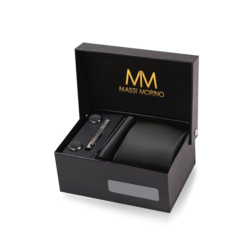 Massi Morino Krawatte Schwarz mit Einstecktuch Set Herren inkl. Manschettenknöpfe, Krawattennadel und Geschenkbox - Männer Krawattenset von Massi Morino