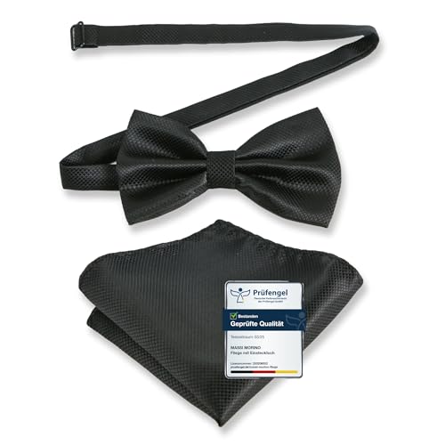 Massi Morino Fliege Schwarz mit Einstecktuch für Herren Set - Anzug Herrenfliege zur Hochzeit - Verstellbare Schleife in Black von Massi Morino