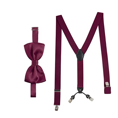 Massi Morino Hosenträger mit Fliege Weinrot Set für Herren und Damen I Y-Form Träger elastisch mit extra starken Clips - 3,5cm breit - längenverstellbar I Vorgebundener Schlips für Anzug von Massi Morino