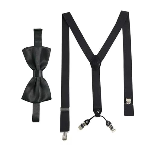 Hosenträger mit Fliege Schwarz Set für Herren und Damen I Y-Form Träger elastisch mit extra starken Clips - 3,5cm breit - längenverstellbar I Vorgebundener Schlips für Anzug von Massi Morino