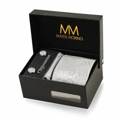 Massi Morino Krawatte Paisley Grau mit Einstecktuch Set Herren inkl. Manschettenknöpfe, Krawattennadel und Geschenkbox - Männer Krawattenset von Massi Morino