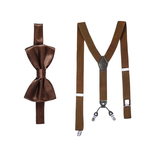 Massi Morino Hosenträger mit Fliege Braun Set für Herren und Damen I Y-Form Träger elastisch mit extra starken Clips - 3,5cm breit - längenverstellbar I Vorgebundener Schlips für Anzug von Massi Morino
