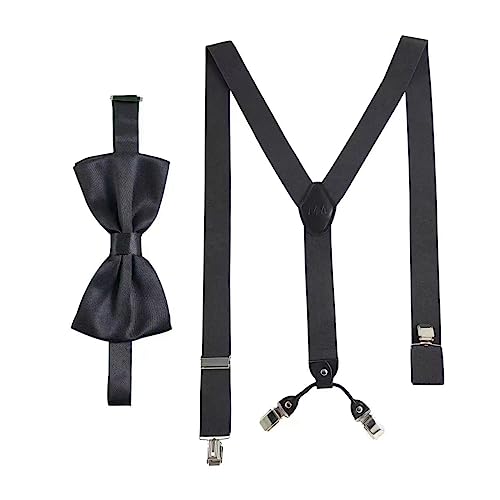 Massi Morino Hosenträger mit Fliege Grau Set für Herren und Damen I Y-Form Träger elastisch mit extra starken Clips - 3,5cm breit - längenverstellbar I Vorgebundener Schlips für Anzug von Massi Morino