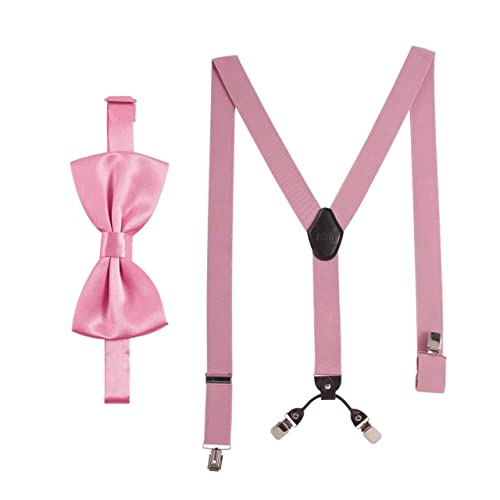Hosenträger mit Fliege Rosa Set für Herren und Damen I Y-Form Träger elastisch mit extra starken Clips - 3,5cm breit - längenverstellbar I Vorgebundener Schlips für Anzug von Massi Morino