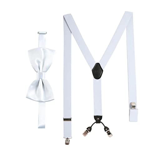 Massi Morino Hosenträger mit Fliege Weiß Set für Herren und Damen I Y-Form Träger elastisch mit extra starken Clips - 3,5cm breit - längenverstellbar I Vorgebundener Schlips für Anzug von Massi Morino