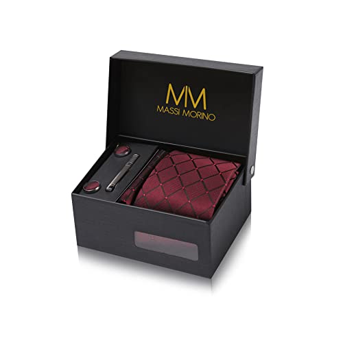 Massi Morino Krawatte Weinrot Quadrat mit Einstecktuch Set Herren inkl. Manschettenknöpfe, Krawattennadel und Geschenkbox - Männer Krawattenset von Massi Morino