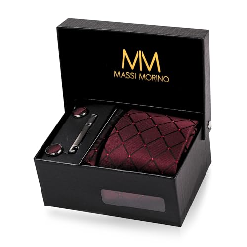 Massi Morino Krawatte Weinrot Quadrat mit Einstecktuch Set Herren inkl. Manschettenknöpfe, Krawattennadel und Geschenkbox - Männer Krawattenset von Massi Morino
