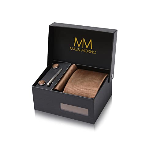 Massi Morino Krawatte Braun mit Einstecktuch Set Herren inkl. Manschettenknöpfe, Krawattennadel und Geschenkbox - Männer Krawattenset von Massi Morino